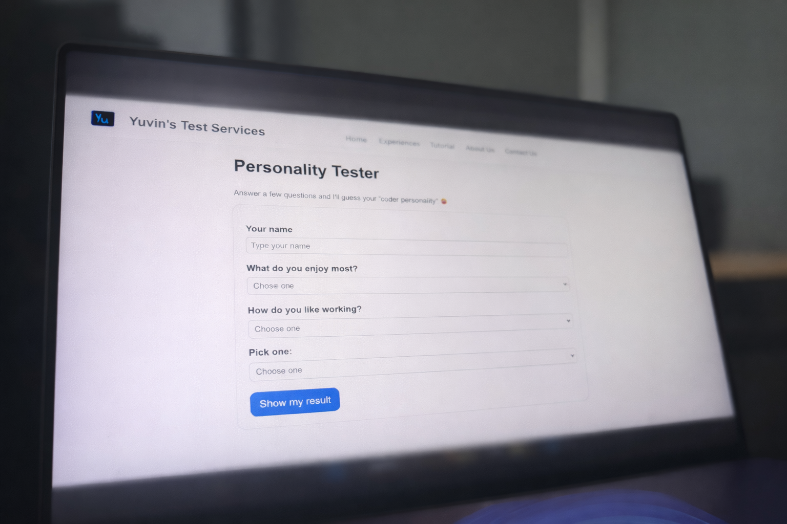 Personality Tester assessment interface
