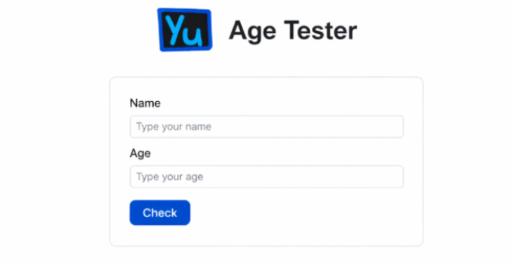 Early Age Tester: simple form with Name and Age fields and a blue Check button on a white page with the old Yuvin logo and Age Tester title.